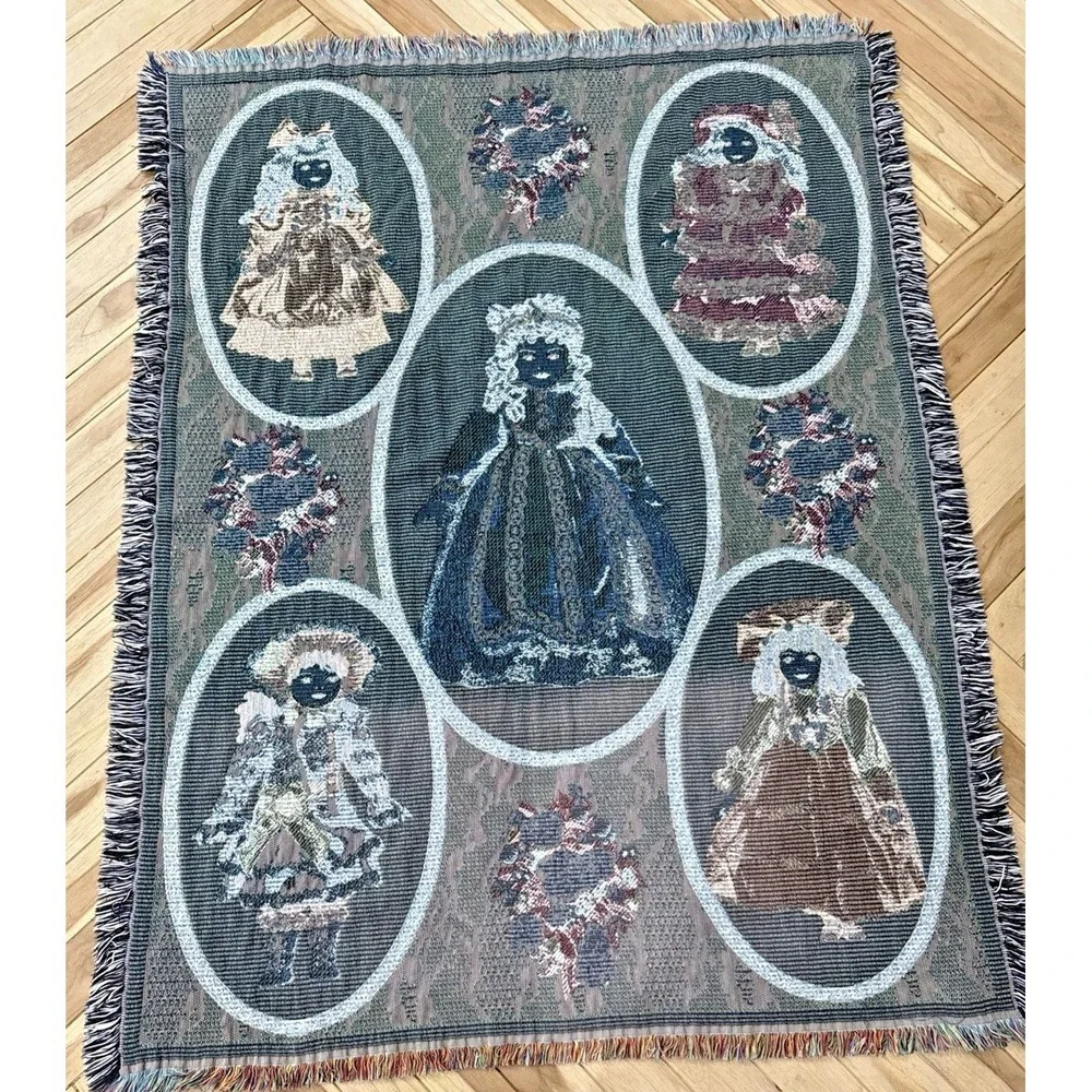 Vintage Victorian Porcelain Doll Woven Tapestry Throw Blanket Fringe 64x49